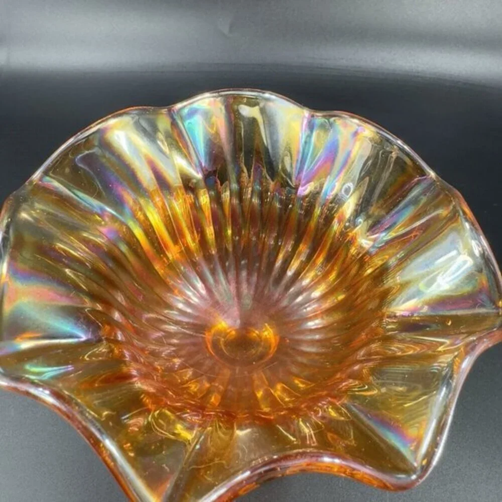 VTG Marigold Carnival Glass Iridescent Ruffled Pedestal Compote Footed Dish Bowl